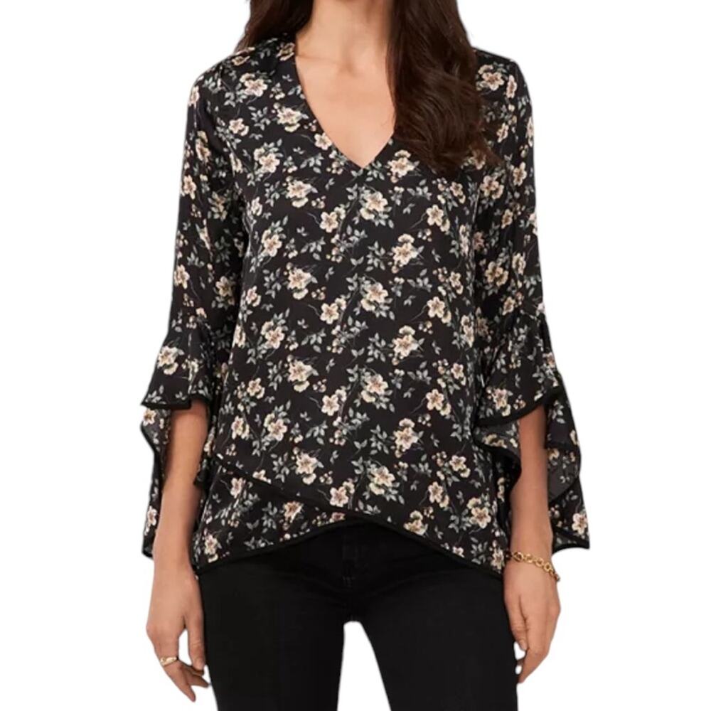 Vince Camuto V Neck Ruffled Sleeve Black Floral Blouse NEW Size XSmall